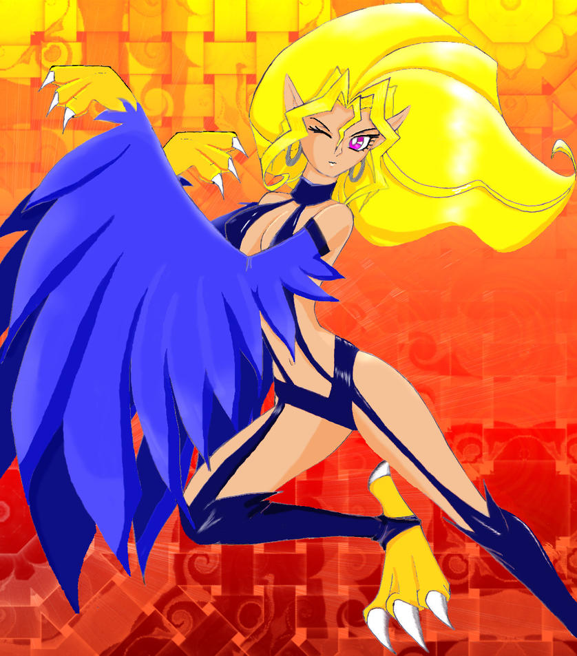 1girl animal_feet blonde_hair harpie_lady harpy kujaku_mai pink_eyes pointy_ears revealing_clothes talons tan thigh-highs toeless_legwear winged_arms yu-gi-oh!