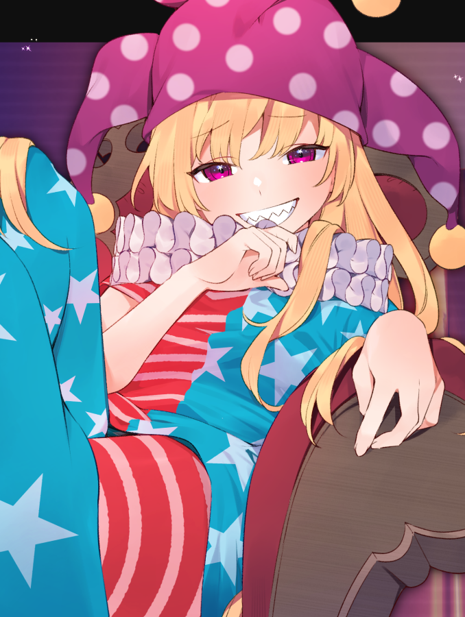 1girl akagashi_hagane american_flag_pants american_flag_shirt bangs black_border blonde_hair blush border chair closed_mouth clownpiece commentary_request commission fingernails gradient gradient_background hair_between_eyes hand_up hat jester_cap long_fingernails long_hair looking_at_viewer neck_ruff no_shoes outside_border pants pink_background pink_eyes pink_headwear polka_dot purple_background purple_headwear sharp_teeth shirt short_sleeves sitting skeb_commission smile solo star_(symbol) star_in_eye star_print striped striped_pants striped_shirt symbol_in_eye teeth touhou violet_eyes