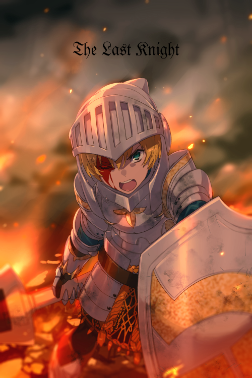 1girl armor bangs blonde_hair blood blood_on_face echo_(circa) fate/grand_order fate_(series) gareth_(fate) green_eyes helmet holding holding_polearm holding_shield holding_weapon lance looking_at_viewer one_eye_closed open_mouth polearm shield short_hair solo weapon