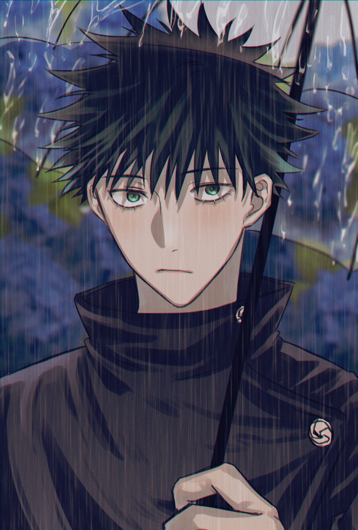 1boy bangs black_hair black_jacket blush buttons closed_mouth commentary eyelashes fushiguro_megumi fushirun_rung green_eyes hair_between_eyes high_collar highres holding holding_umbrella jacket jujutsu_kaisen long_sleeves looking_at_viewer male_focus outdoors rain school_uniform short_hair solo spiky_hair symbol-only_commentary umbrella water water_drop