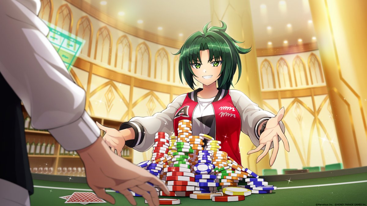 1girl 1other androgynous breasts casino casino_card_table copyright dolphin_wave game_cg green_eyes green_hair harunami_anri jacket jersey large_breasts official_art poker_chip ponytail raglan_sleeves red_jacket tagme