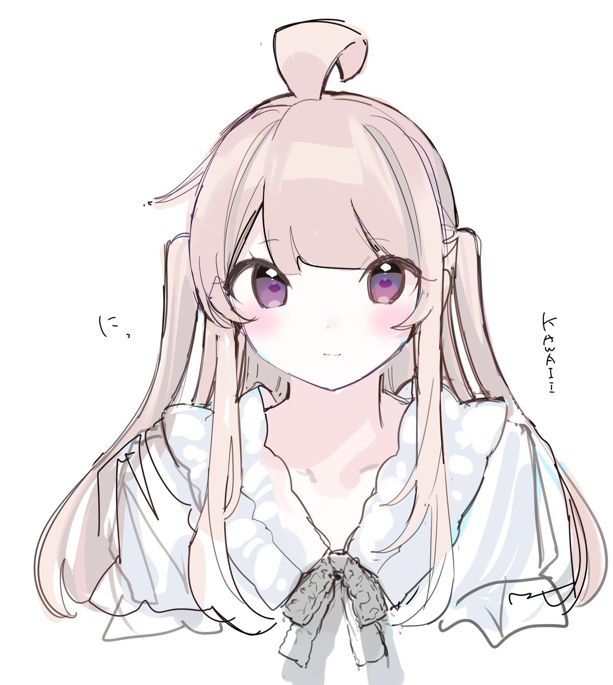 1girl ahoge bangs blush bow brown_hair chikuwa. closed_mouth collarbone commentary_request cropped_torso grey_bow highres long_hair original romaji_text shirt simple_background sketch smile solo translation_request two_side_up upper_body violet_eyes white_background white_shirt