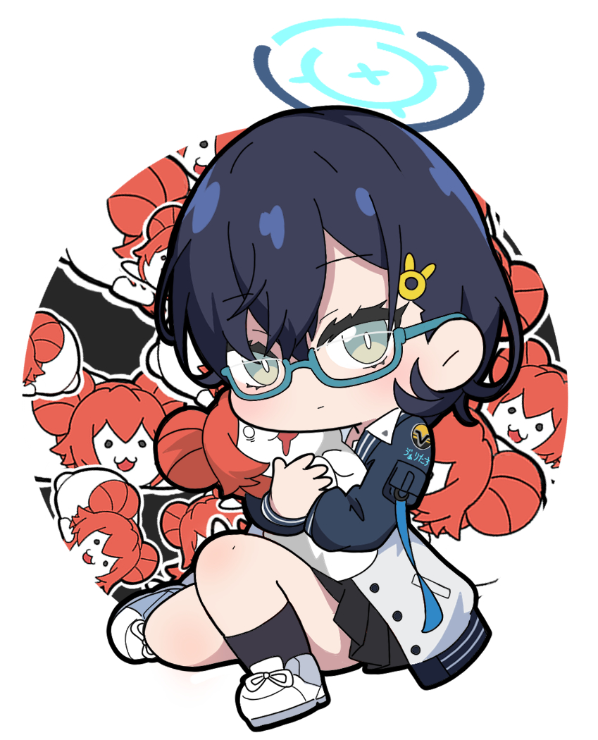 1girl bangs black_hair black_skirt blue-framed_eyewear blue_archive character_doll chibi chihiro_(blue_archive) closed_mouth commentary_request full_body glasses green_eyes hair_between_eyes halo jacket long_sleeves looking_at_viewer maki_(blue_archive) nyaru_(nyaru_4126) object_hug open_clothes open_jacket pleated_skirt puffy_long_sleeves puffy_sleeves semi-rimless_eyewear shoes skirt socks under-rim_eyewear white_footwear white_jacket