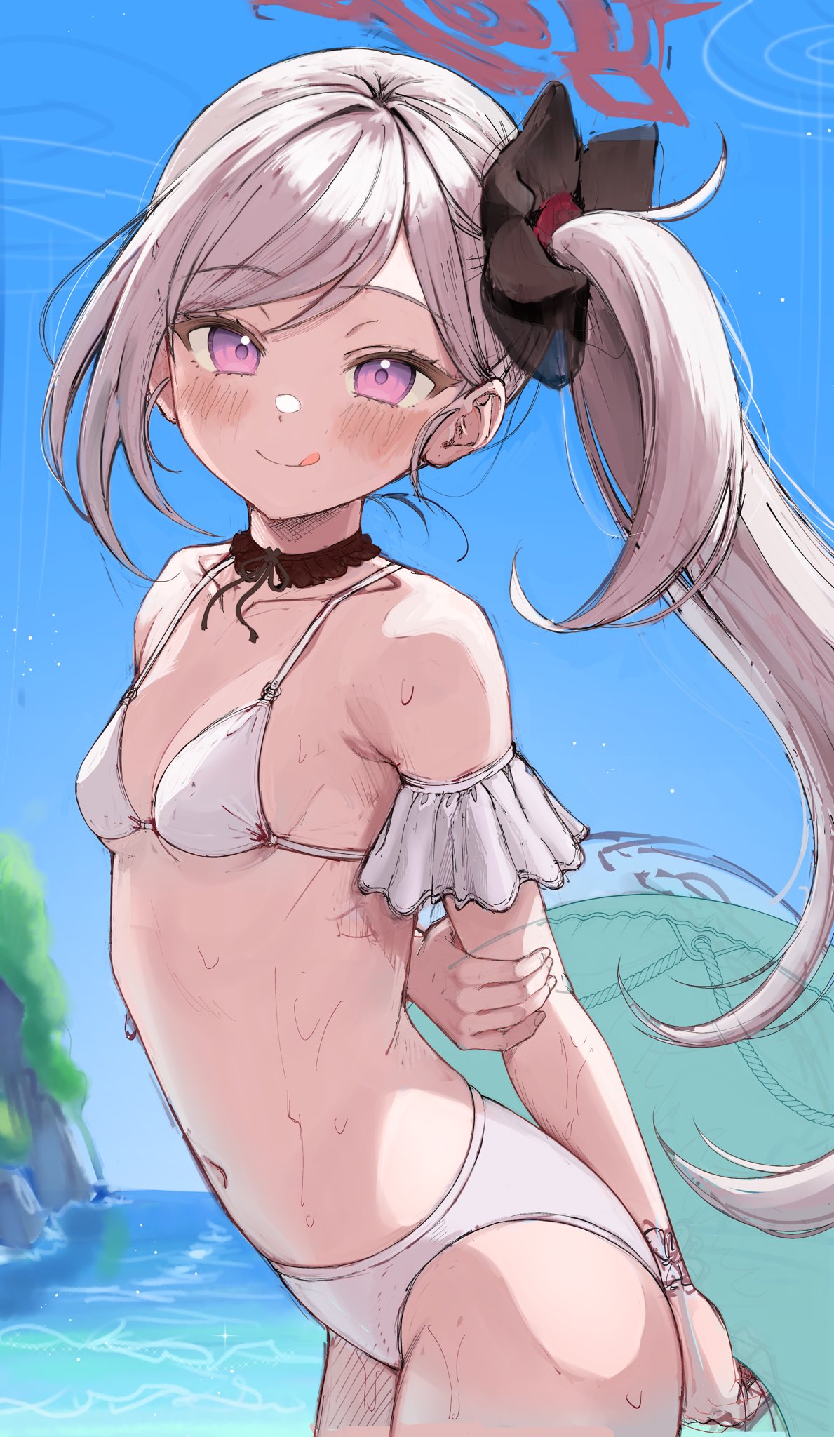 1girl :p beach blue_archive blue_sky hair_ornament hair_scrunchie halo highres lifebuoy looking_at_viewer mutsuki_(blue_archive) non-web_source ocean scrunchie side_ponytail sky solo source_request sweat swimsuit tongue tongue_out violet_eyes white_hair white_swimsuit