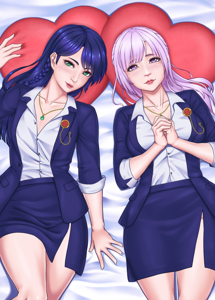 2girls bed blue_hair collar dead_or_alive fiona_(doa) green_eyes highres lipstick lobelia_(doa) long_hair looking_at_viewer makeup momiji_mikan multiple_girls office_lady own_hands_together pink_lips purple_hair shirt skirt tight tight_shirt tight_skirt violet_eyes
