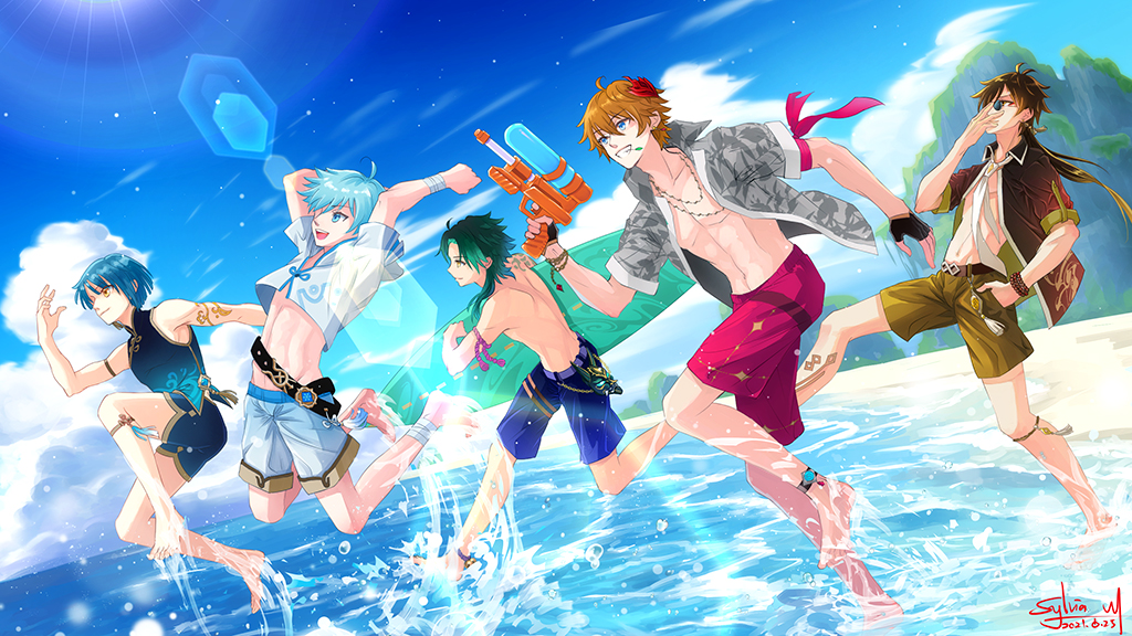 5boys aqua_hair bare_legs bare_shoulders barefoot blue_eyes blue_hair brown_hair chongyun_(genshin_impact) covering_face crop_top genshin_impact glasses green_hair jacket long_hair male_swimwear multicolored_hair multiple_boys ocean open_mouth orange_hair short_hair shorts sky smile summer sunglasses swim_trunks sylvia_m tartaglia_(genshin_impact) upper_body vision_(genshin_impact) water_gun xiao_(genshin_impact) xingqiu_(genshin_impact) yellow_eyes zhongli_(genshin_impact)