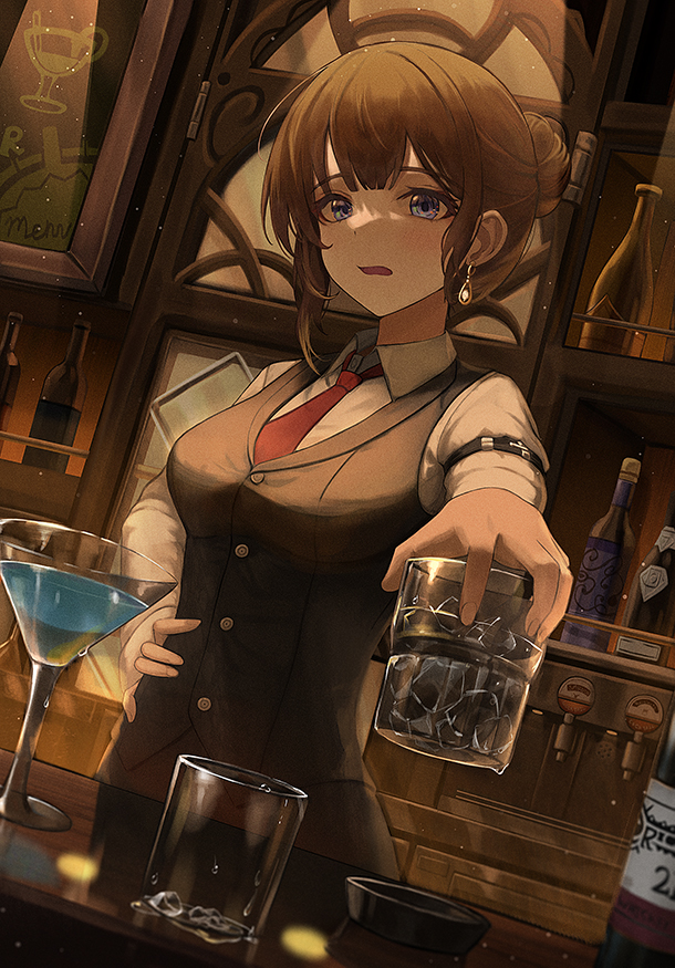 1girl alcohol bangs bar bartender black_vest blue_eyes blush bottle brown_hair buttons collared_shirt counter cup drinking_glass earrings eyelashes fingernails hair_bun hand_on_hip holding holding_cup ice ice_cube indoors jewelry light_particles liquor mookyuu9 necktie open_mouth original red_necktie shelf shirt sidelocks single_earring solo standing upper_body vest white_shirt wine_bottle wing_collar