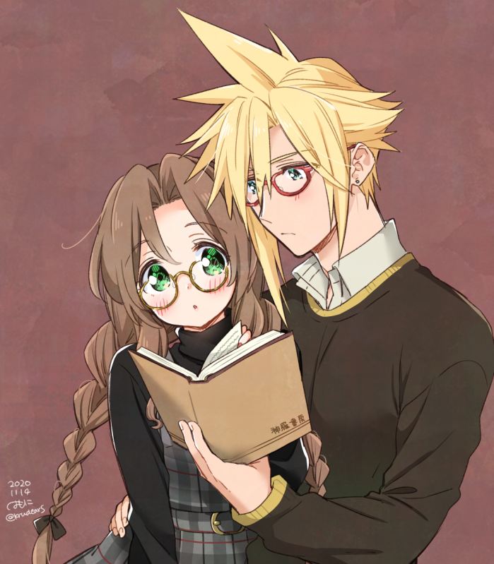 1boy 1girl 2020 aerith_gainsborough black_ribbon black_sweater blonde_hair blue_eyes blush braid braided_ponytail brown-framed_eyewear brown_background brown_hair closed_mouth cloud_strife couple dated dress earrings final_fantasy final_fantasy_vii floating_hair glasses green_eyes grey_dress hair_intakes hair_ribbon hand_on_another's_hip hetero holding jewelry krudears long_hair long_sleeves pinafore_dress plaid plaid_dress ponytail red-framed_eyewear ribbon sleeveless sleeveless_dress spiky_hair sweater twitter_username upper_body very_long_hair