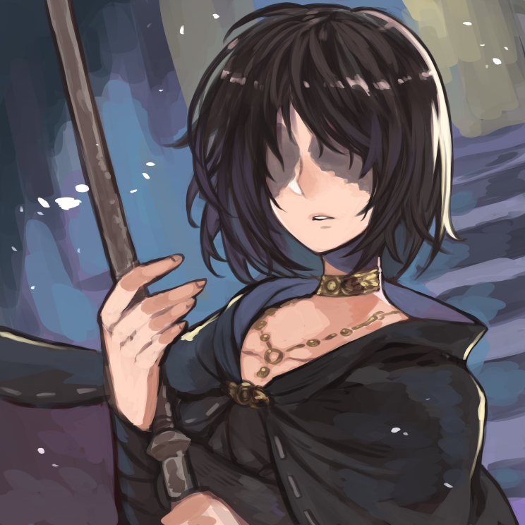 1girl bandaged_arm bandages bangs black_cape black_hair cape covered_eyes demon's_souls fingernails hands_up holding holding_staff jewelry maiden_in_black neck_ring necklace parted_lips rumie short_hair solo staff upper_body