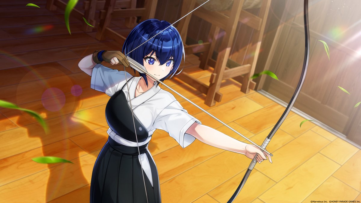 1girl archery arrow_(projectile) black_hakama blue_eyes blue_hair bob_cut bow_(weapon) brown_gloves dolphin_wave from_above game_cg gloves hakama holding holding_arrow holding_bow_(weapon) holding_weapon japanese_clothes kyuudou muneate official_art partially_fingerless_gloves short_hair single_glove solo tojou_michiru weapon yugake