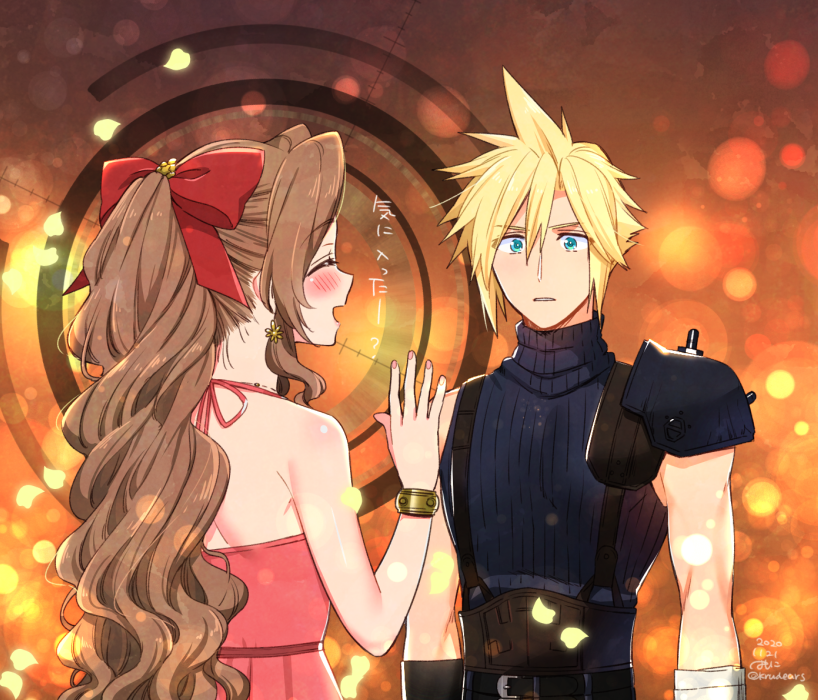1boy 1girl 2020 :d aerith_gainsborough armor bangs bare_arms black_sweater blonde_hair blue_eyes blush bow brown_hair closed_eyes cloud_strife dated dress earrings final_fantasy final_fantasy_vii hair_between_eyes hair_bow jewelry krudears long_hair looking_at_another nail_polish open_mouth pink_dress pink_nails ponytail red_bow ribbed_sweater shiny shiny_hair shoulder_armor sleeveless sleeveless_dress sleeveless_sweater smile spiky_hair suspenders sweater turtleneck turtleneck_sweater twitter_username very_long_hair