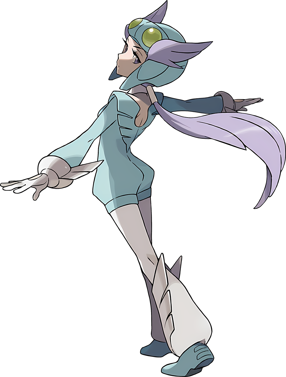 1girl artist_request back blue_footwear breasts closed_mouth facing_away full_body gloves helmet highres long_hair looking_back medium_breasts official_art pants pilot_suit pokemon pokemon_(game) pokemon_oras ponytail purple_hair shoes solo t-pose transparent_background violet_eyes white_background white_pants winged_footwear winged_helmet winona_(pokemon)