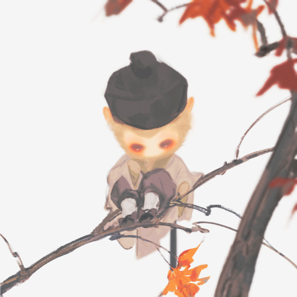 autumn_leaves black_footwear black_headwear black_pants chibi day furry furry_male grey_robe hat in_tree journey_to_the_west journey_to_the_west_(1986_tv_series) long_sleeves looking_away looking_down mian_lang monkey_boy nature outdoors pants photo-referenced red_eyes robe sitting socks sun_wukong tree white_background white_socks wide_sleeves