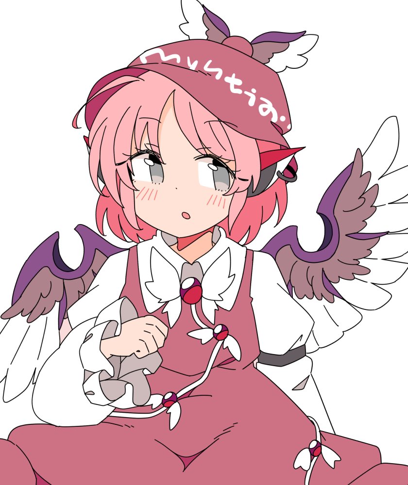 1girl animal_ears bangs bird_ears bird_wings brown_headwear character_name clothes_writing earrings grey_eyes ini_(inunabe00) jewelry juliet_sleeves long_sleeves looking_at_viewer mystia_lorelei open_mouth pink_hair puffy_sleeves short_hair simple_background single_earring solo touhou white_background white_wings winged_hat wings