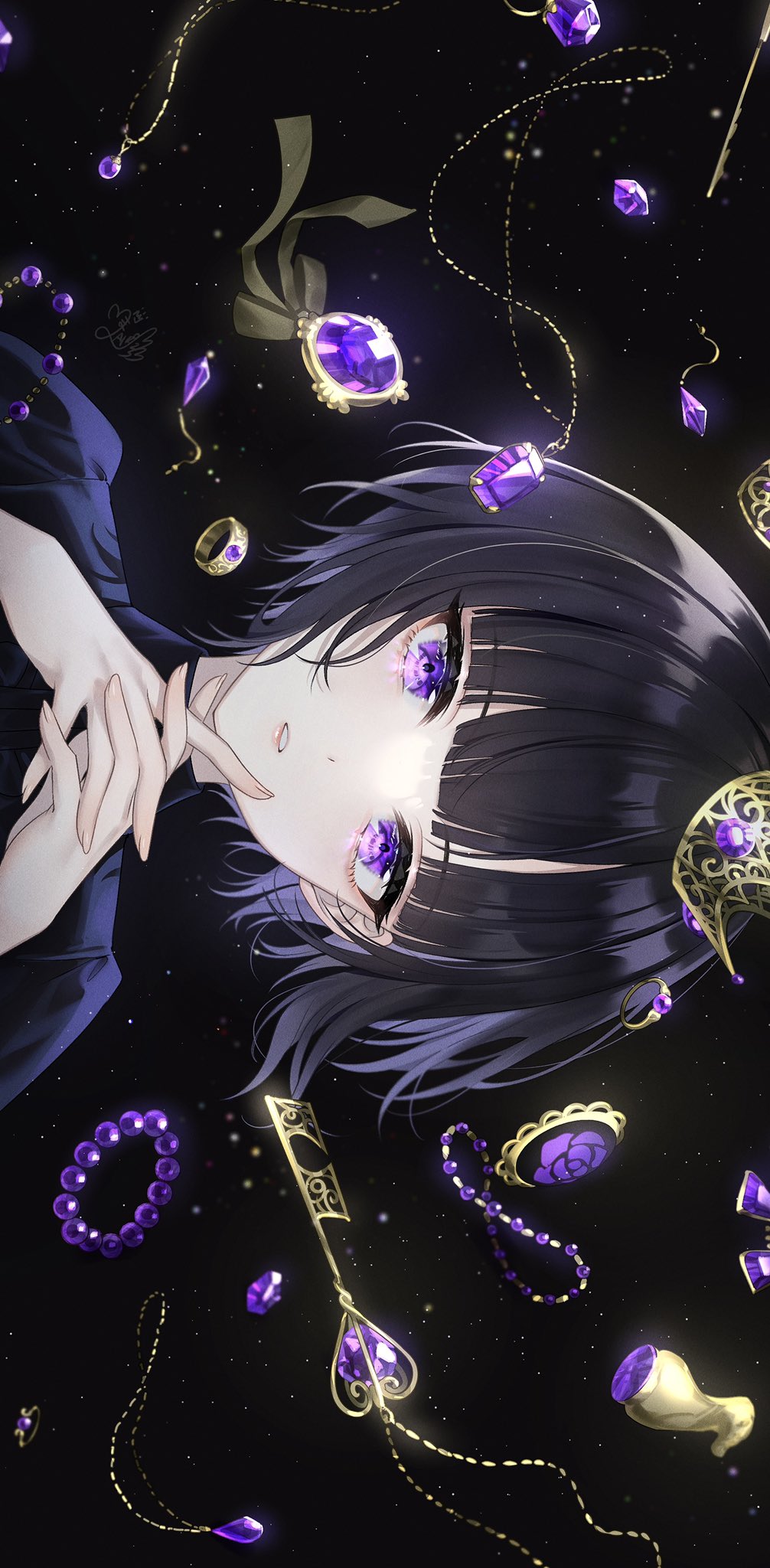 1girl bangs black_background black_hair hands_up highres idolmaster idolmaster_cinderella_girls idolmaster_cinderella_girls_starlight_stage interlocked_fingers jewelry looking_at_viewer mairo own_hands_together parted_lips portrait shirayuki_chiyo short_hair sideways solo violet_eyes