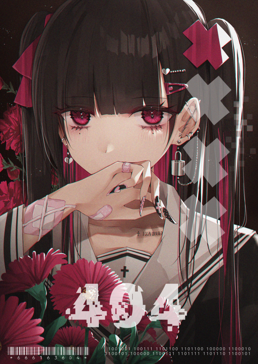 1girl bandaid bandaid_on_arm bandaid_on_hand bangs barbell_piercing black_background black_hair black_nails black_shirt blunt_bangs blush collarbone covered_mouth ear_piercing earrings fingernails flower hair_ornament hairclip hand_to_own_mouth hand_up highres jewelry kanju lock long_fingernails long_hair long_sleeves looking_at_viewer multicolored_hair nail_art nail_polish original padlock piercing pink_nails portrait purple_hair red_eyes red_flower roman_numeral sailor_collar school_uniform sharp_fingernails shirt solo stud_earrings tattoo twintails two-tone_hair upper_body white_sailor_collar x_hair_ornament