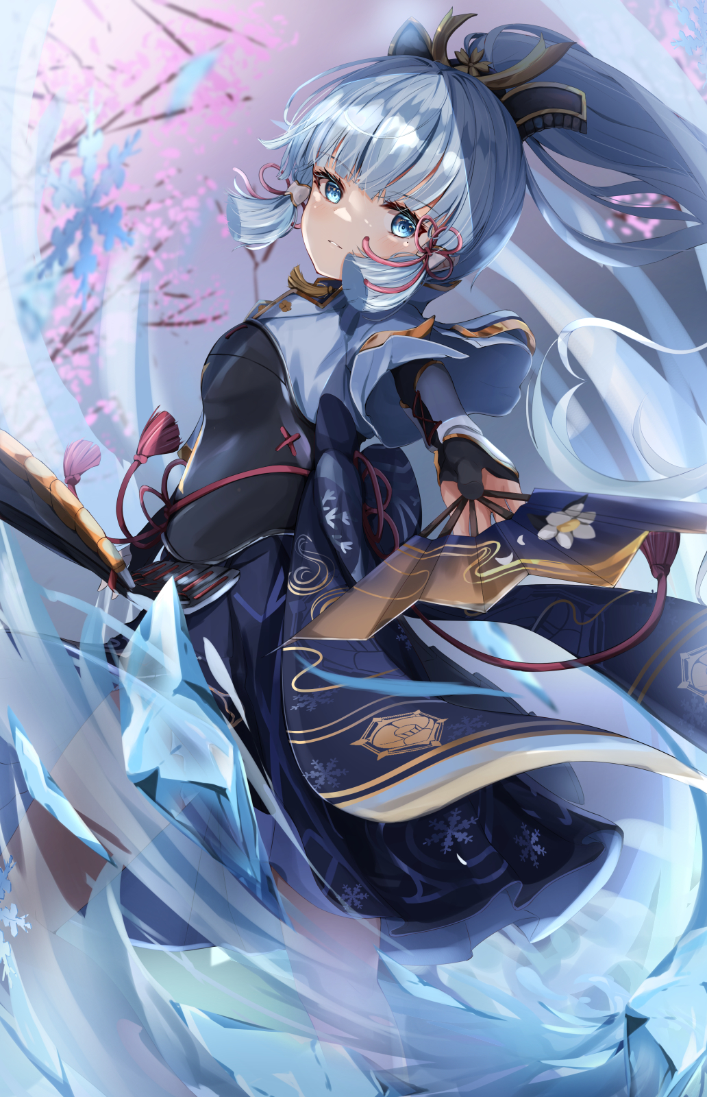 1girl armor armored_dress bangs black_gloves blue_eyes blue_hair blunt_bangs blurry blurry_background cherry_blossoms commentary_request cowboy_shot depth_of_field dou floral_print folding_fan from_side genshin_impact gloves hair_ornament hair_ribbon hand_fan highres holding ice japanese_armor japanese_clothes kamisato_ayaka kote kusazuri long_hair looking_at_viewer mole mole_under_eye nagominagon outdoors parted_lips partially_fingerless_gloves ponytail ribbon sidelocks solo standing tree