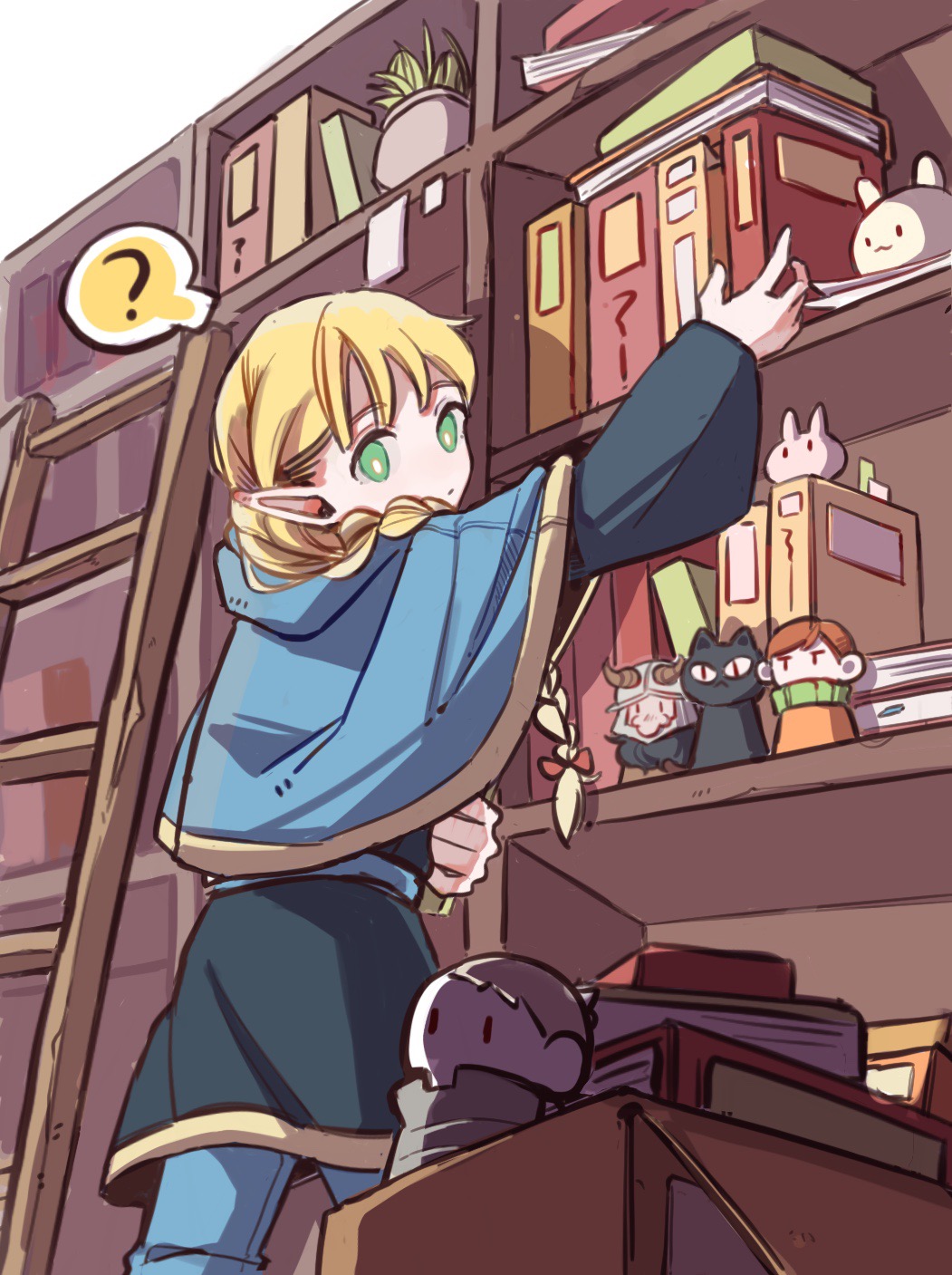 1girl ? arm_up bangs blonde_hair blue_capelet blue_pants blue_robe book book_stack bookshelf box braid cactus capelet cat character_doll chilchuck cowboy_shot doll dungeon_meshi elf green_eyes hair_over_shoulder highres holding indoors izutsumi ladder laios_thorden long_hair long_sleeves looking_at_viewer marcille pants pointy_ears reaching robe senshi_(dungeon_meshi) solo spoken_question_mark sss-u-n wide_sleeves