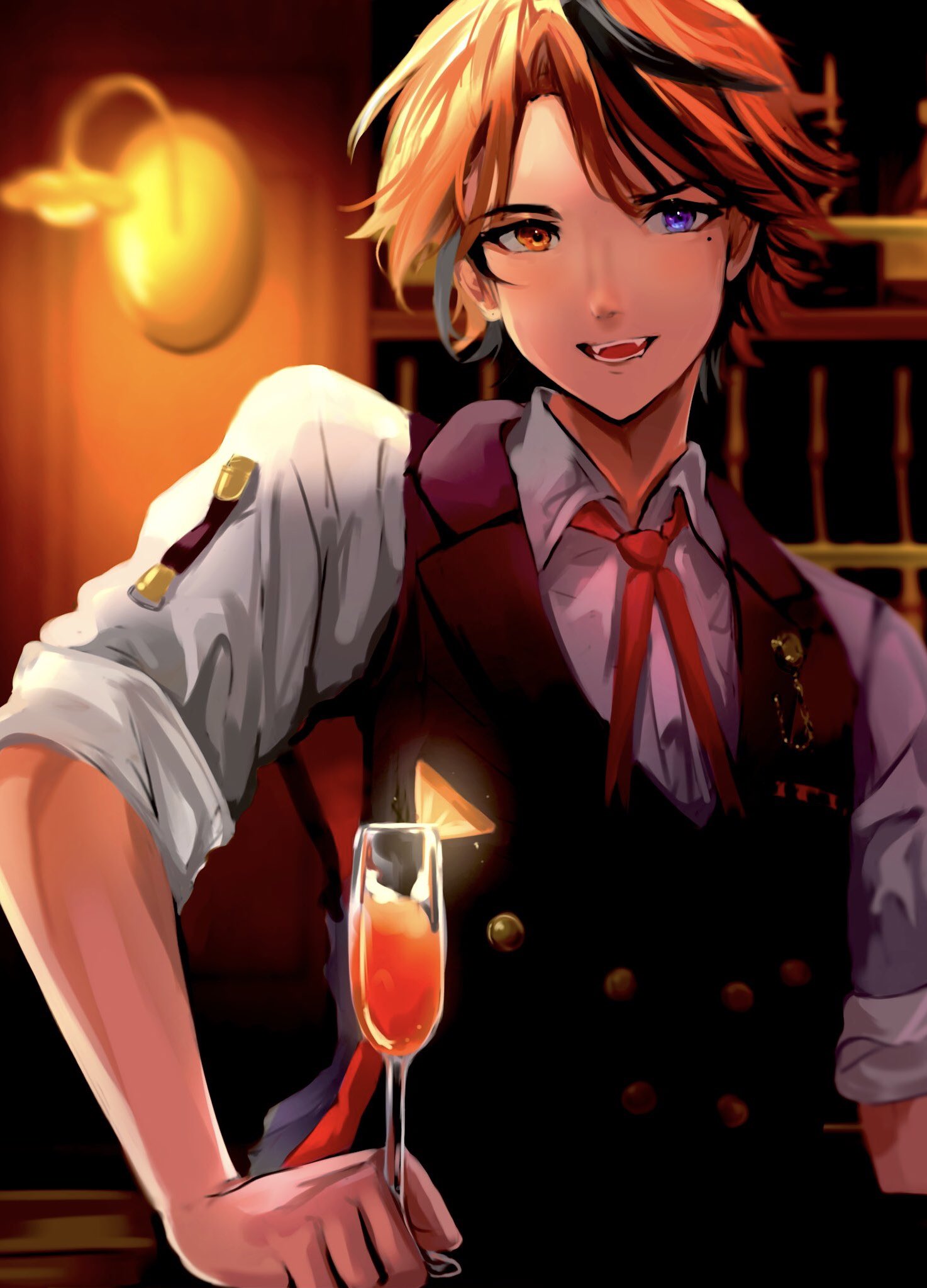 1boy :d bangs bartender black_hair blurry blurry_background brown_vest buttons champagne_flute collared_shirt cup double-breasted drinking_glass food fruit grey_shirt heterochromia highres holding holding_cup holostars lamp lapel_pin looking_at_viewer male_focus mole mole_under_eye multicolored_hair neck_ribbon orange_(fruit) orange_eyes orange_hair orange_slice parted_bangs red_ribbon ribbon shelf shirt short_hair sleeves_rolled_up smile solo streaked_hair teeth tomori_meme upper_body vest violet_eyes virtual_youtuber yukoku_roberu