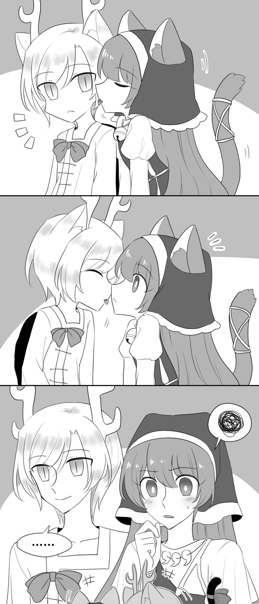 ... 2girls animal_ears antlers apron bell blush bow cat_ears cat_tail comic greyscale haniyasushin_keiki head_scarf highres jewelry jingle_bell kicchou_yachie licking licking_another's_cheek licking_another's_face long_hair magatama magatama_necklace mask_(boring_mask) monochrome multiple_girls necklace short_hair slit_pupils smile surprised tail tail_bow tail_ornament touhou turtle_shell yuri
