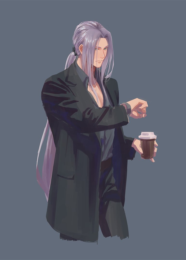 1boy alternate_costume alternate_hairstyle aqua_eyes bangs black_jacket black_pants casual coffee cowboy_shot cup disposable_cup final_fantasy final_fantasy_vii final_fantasy_vii_remake grey_background grey_hair grey_shirt ho_fan holding holding_cup jacket long_bangs long_hair looking_at_watch low_ponytail male_focus open_collar pants parted_bangs sephiroth shirt shirt_tucked_in solo standing very_long_hair watch watch