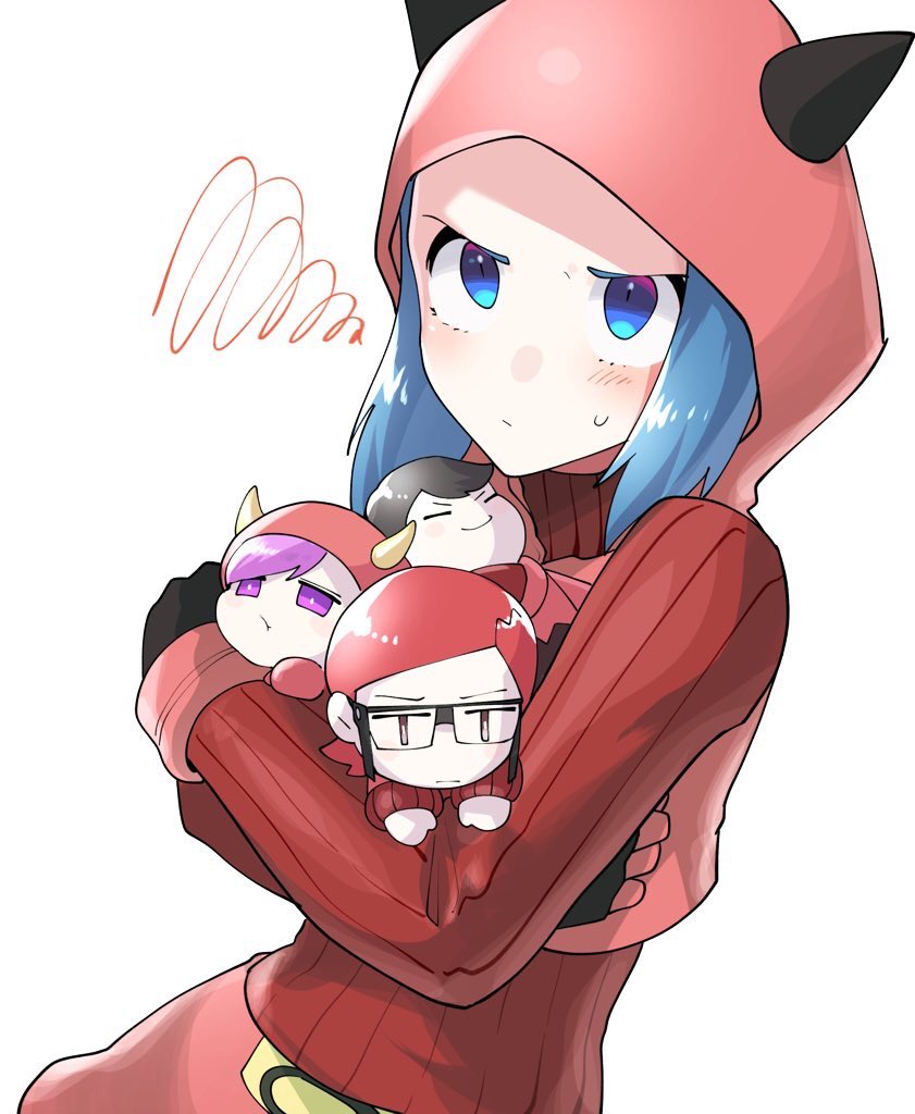 1girl black_gloves blue_eyes blue_hair blush character_doll closed_mouth commentary_request courtney_(pokemon) doll fake_horns gloves holding holding_doll hood hood_up horned_headwear horns long_hair maxie_(pokemon) pokemon pokemon_(game) pokemon_oras ribbed_sweater simple_background solo squiggle sweatdrop sweater tabitha_(pokemon) takibpkms team_magma team_magma_grunt team_magma_uniform upper_body white_background