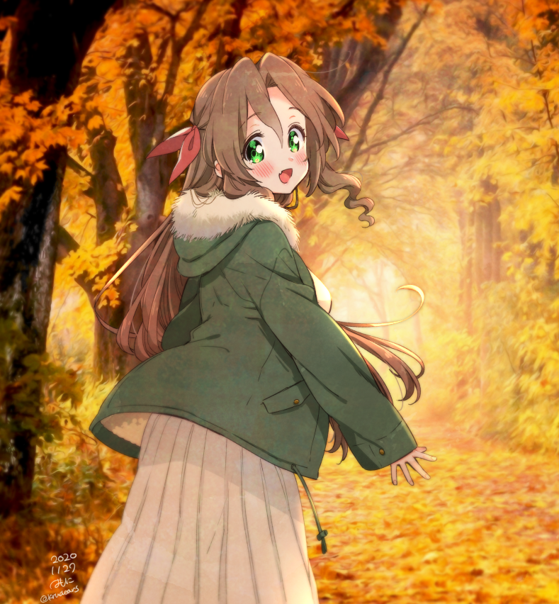 1girl 2020 :d aerith_gainsborough autumn autumn_leaves bangs blush bow brown_hair cloud_strife coat dated fang final_fantasy final_fantasy_vii floating_hair forest fur-trimmed_hood fur_trim green_coat green_eyes hair_between_eyes hair_bow hair_intakes hood hood_down hooded_coat krudears long_hair long_skirt long_sleeves looking_at_viewer looking_back nature open_clothes open_coat outdoors pleated_skirt red_bow shiny shiny_hair skin_fang skirt sleeves_past_wrists smile solo twitter_username very_long_hair white_skirt