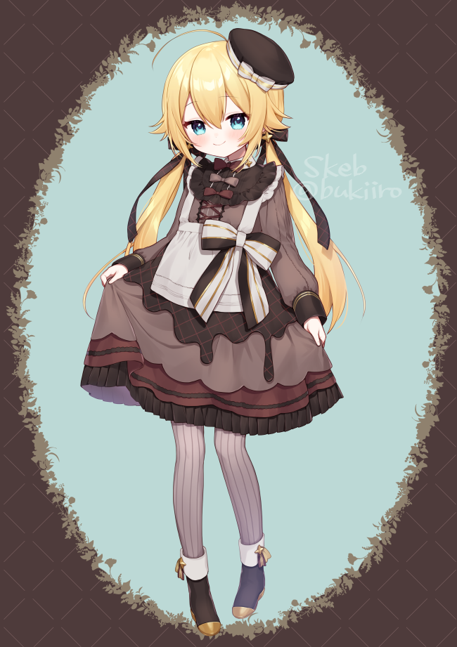 1girl ahoge apron bangs beret black_footwear black_headwear blonde_hair blue_background boots bow brown_dress closed_mouth commission copyright_request dress hair_between_eyes hat long_hair long_sleeves low_twintails pantyhose puffy_long_sleeves puffy_sleeves ribbed_legwear skeb_commission skirt_hold sleeves_past_wrists smile solo standing striped striped_bow tilted_headwear twintails very_long_hair white_apron white_bow yamabukiiro