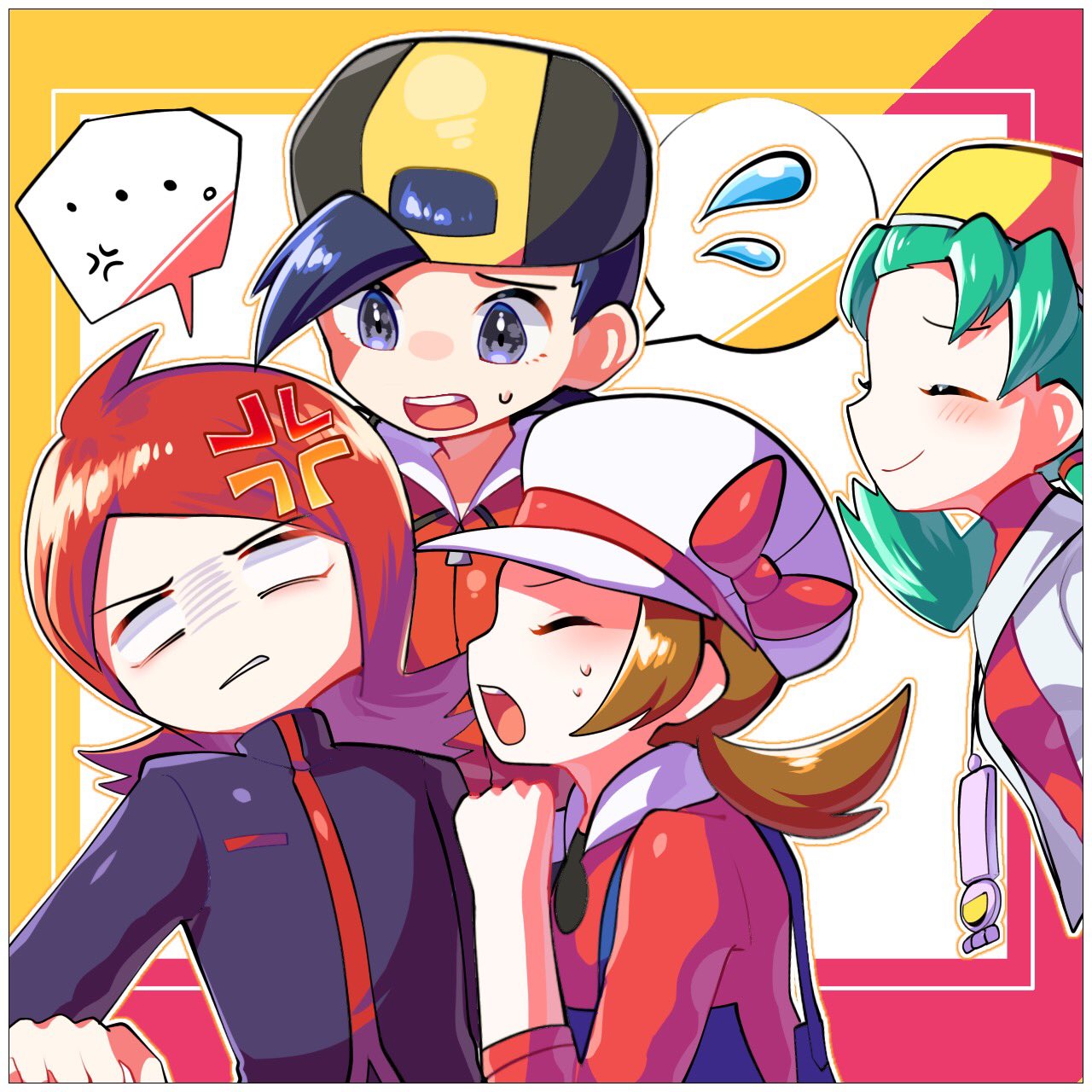 ... 2boys 2girls anger_vein backwards_hat baseball_cap black_hair blush border brown_hair closed_eyes closed_mouth commentary_request ethan_(pokemon) framed green_hair grey_eyes hat highres jacket kris_(pokemon) long_hair lyra_(pokemon) multiple_boys multiple_girls open_mouth overalls pokemon pokemon_(game) pokemon_gsc pokemon_hgss red_jacket red_shirt redhead shirt short_hair silver_(pokemon) smile spoken_ellipsis takibpkms teeth tongue upper_teeth white_border white_headwear white_jacket yellow_headwear zipper_pull_tab