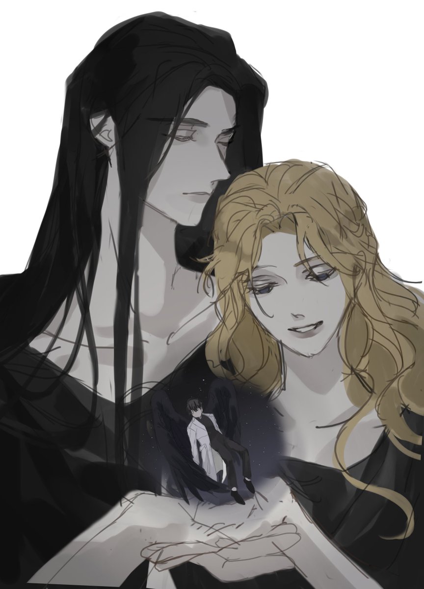 1girl 2boys black_hair black_wings blonde_hair blue_eyes closed_eyes dok-ja_kim grin hades_(omniscient_reader's_viewpoint) highres husband_and_wife long_hair looking_at_another multiple_boys omniscient_reader's_viewpoint persephone_(omniscient_reader's_viewpoint) scorpion_d55 short_hair sketch smile white_background wings