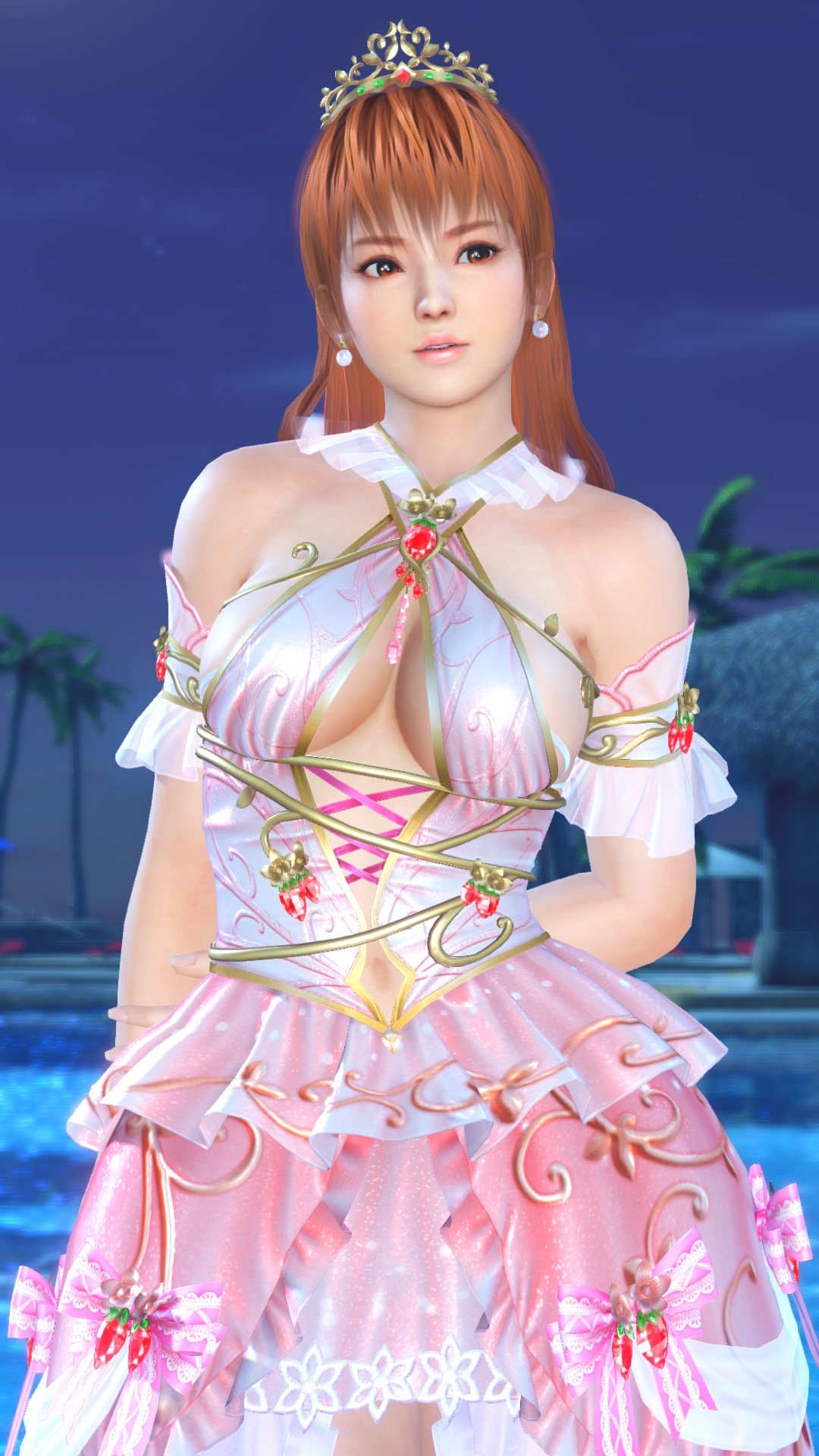 1girl 3d breasts brown_eyes brown_hair crown dead_or_alive dress earrings highres housu_doaxvv jewelry kasumi_(doa) lipgloss lipstick makeup no_bra pink_dress pink_lips solo