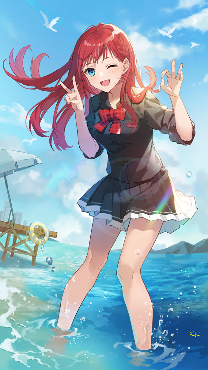 1girl ;d artist_name asahina_akane_(nijisanji) bangs black_shirt black_skirt blue_eyes blue_sky blush bow bowtie braid cityscape clouds collared_shirt commentary_request day eihi eyelashes fang floating_hair hands_up highres horizon in_water leaning_forward lens_flare lifebuoy long_hair looking_at_viewer miniskirt mountain nijisanji ok_sign one_eye_closed open_mouth outdoors plaid plaid_bow plaid_bowtie pleated_skirt red_bow red_bowtie redhead shallow_water shirt sidelocks signature single_braid skirt sky sleeves_rolled_up smile solo standing swept_bangs teeth umbrella v virtual_youtuber water
