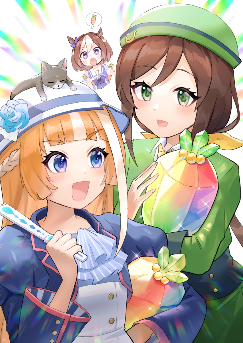 :d :o akikawa_yayoi_(umamusume) animal_ears animal_on_head bangs blush bow bowler_hat bowtie brown_hair carrot cat cat_on_head ear_ribbon folding_fan formal green_eyes green_headwear hair_ribbon hand_fan hat hayakawa_tazuna highres holding holding_carrot holding_fan horse_ears horse_girl horseshoe_ornament jewel_(umamusume) long_hair looking_at_another multicolored_hair necktie on_head purple_bow purple_bowtie purple_ribbon purple_shirt qi'e_(penguin) ribbon sailor_collar sailor_shirt school_uniform serafuku shirt short_hair sidelocks skirt skirt_suit smile special_week_(umamusume) speech_bubble split_ponytail spoken_carrot streaked_hair suit sun_hat swept_bangs tracen_school_uniform umamusume violet_eyes white_hair yellow_ribbon