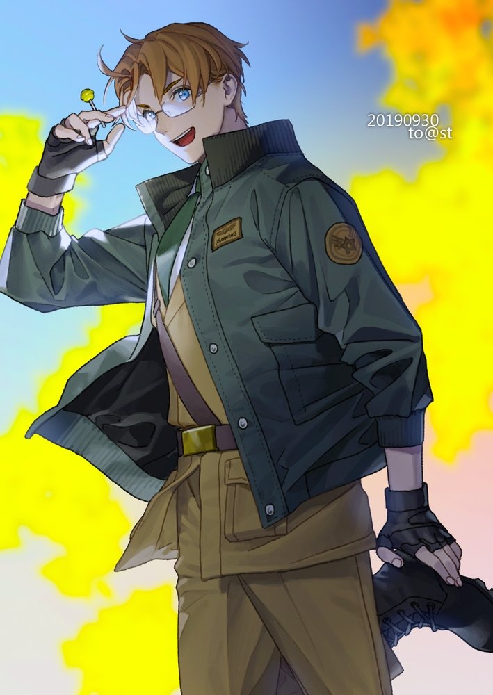 1boy america_(hetalia) artist_name axis_powers_hetalia blonde_hair blue_eyes boots candy cross-laced_footwear dated fingerless_gloves food glasses gloves green_necktie lace-up_boots leg_up littleb623 lollipop male_focus military military_uniform necktie pointing pointing_at_self smile solo uniform