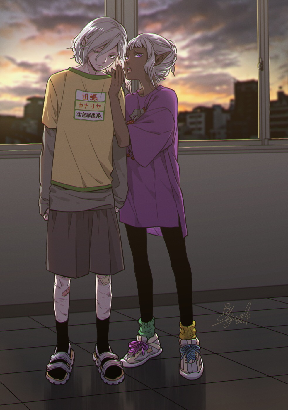 2boys androgynous arms_at_sides asymmetrical_footwear asymmetrical_legwear bandaid bandaid_on_leg black_leggings black_socks casual contemporary cross-laced_footwear dungeon_meshi elf flip-flops full_body green_socks grey_hair grey_shirt grey_shorts hair_between_eyes hand_up head_tilt highres indoors layered_sleeves leggings long_sleeves looking_at_viewer male_focus mismatched_footwear mismatched_legwear mithrun multiple_boys multiple_scars notched_ear open_mouth pointy_ears purple_shirt sandals scar scar_on_leg shirt shoes short_hair short_over_long_sleeves short_sleeves shorts sky sneakers socks standing thistle_(dungeon_meshi) tile_floor tiles twilight undershirt updo violet_eyes warlock1000 whispering window yellow_shirt yellow_socks
