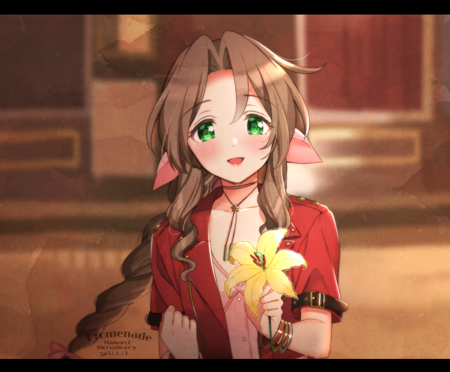 1girl 2021 :d aerith_gainsborough bangs black_ribbon blurry blurry_background blush bow bracelet brown_hair choker collarbone dated dress_shirt final_fantasy final_fantasy_vii floating_hair flower green_eyes hair_between_eyes hair_bow hair_intakes holding holding_flower jacket jewelry krudears long_hair looking_at_viewer open_clothes open_jacket open_mouth pink_bow pink_shirt red_jacket ribbon ribbon_choker shiny shiny_hair shirt short_sleeves smile solo twitter_username upper_body very_long_hair watermark yellow_flower
