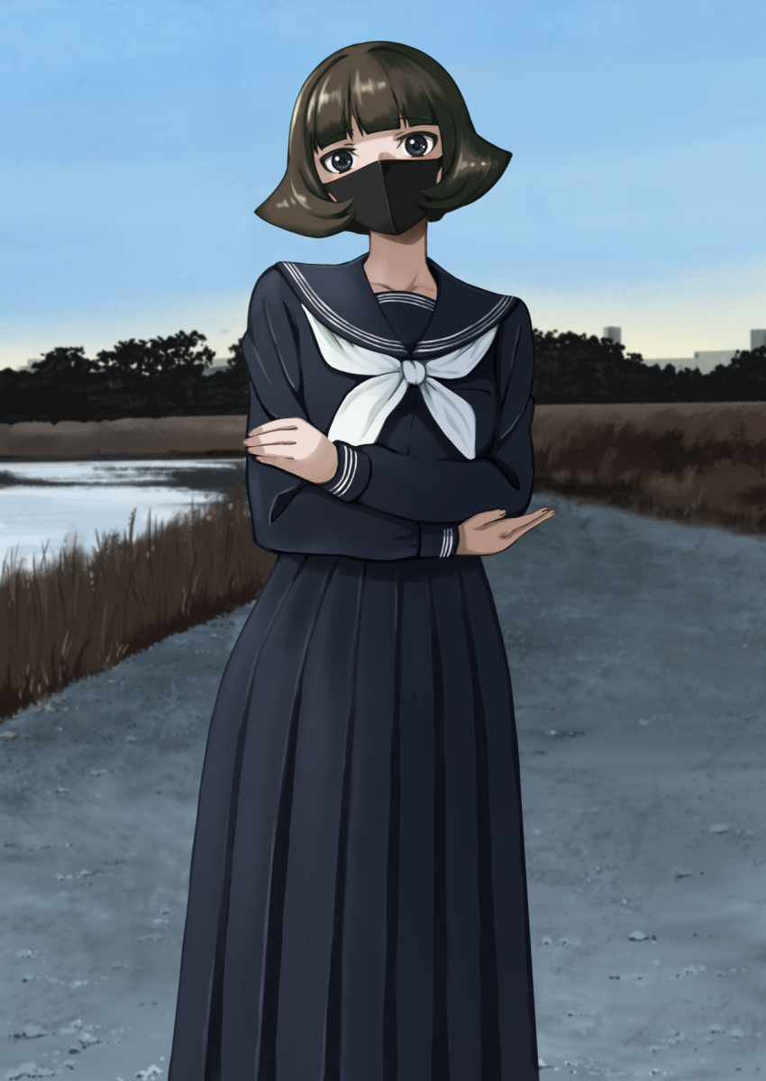 1girl black_eyes black_mask black_sailor_collar black_serafuku black_skirt bob_cut brown_hair check_commentary commentary_request crossed_arms day highres ixola long_skirt looking_at_viewer mask neckerchief original outdoors pleated_skirt sailor_collar school_uniform serafuku skirt solo standing