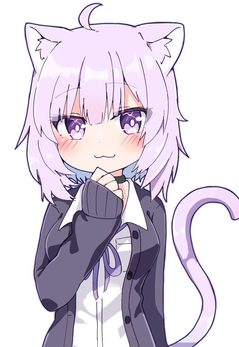 1girl :3 ahoge animal_ear_fluff animal_ears bangs black_choker black_jacket blush breasts cat_ears cat_girl cat_tail choker closed_mouth collared_shirt dress_shirt hair_between_eyes hand_up hololive jacket long_sleeves looking_at_viewer medium_breasts neck_ribbon nekomata_okayu open_clothes open_jacket purple_hair purple_ribbon rabiiandrain ribbon shirt simple_background sleeves_past_wrists smile solo tail upper_body violet_eyes virtual_youtuber white_background white_shirt