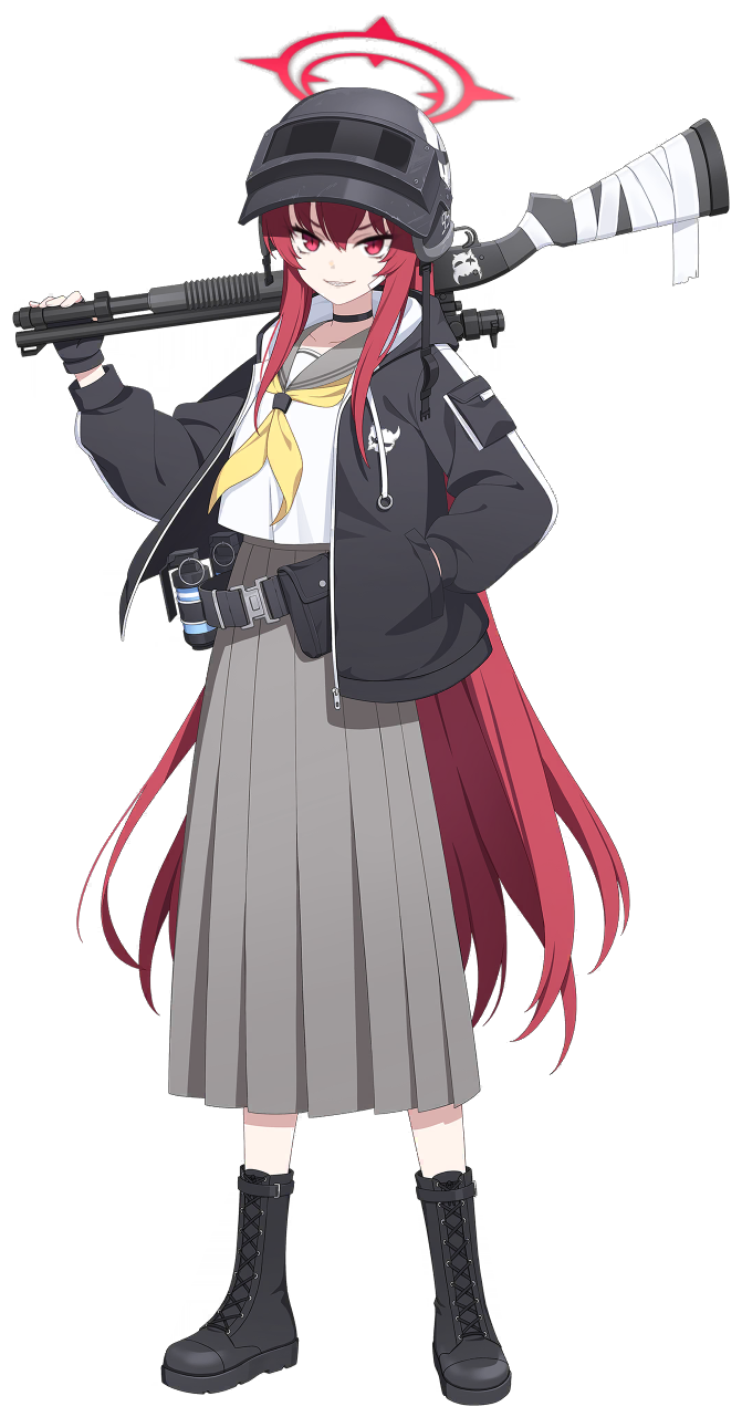 1girl belt_pouch blue_archive boots collarbone explosive fingerless_gloves gloves grenade gun hair_between_eyes halo helmet highres long_hair looking_at_viewer official_art pouch rabu_(blue_archive) red_eyes redhead school_uniform shotgun solo teeth transparent_background weapon
