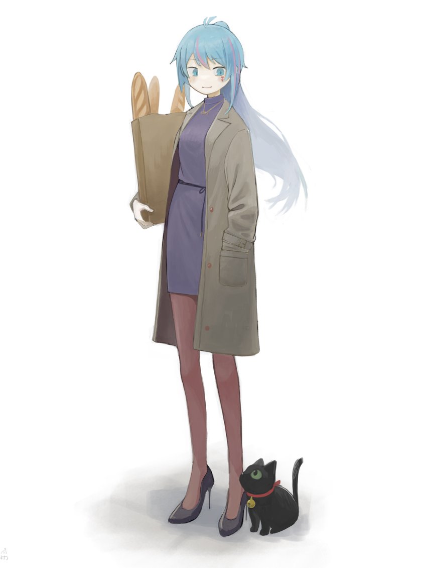 1girl azura_cecillia bag baguette black_pantyhose blue_hair bread cat collar dress food green_eyes green_jacket grey_dress hand_in_pocket holding holding_bag jacket kona_kinako looking_down multicolored_hair nijisanji nijisanji_id pantyhose pink_hair ponytail red_collar shadow smile solo standing streaked_hair virtual_youtuber white_background