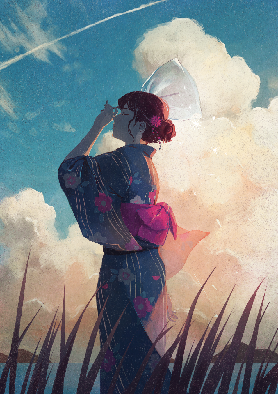 1girl arm_up blue_sky brown_hair closed_eyes clouds contrail floral_print flower hair_bun hair_flower hair_ornament harucoro25 highres japanese_clothes kimono obi original outdoors sash single_hair_bun sky standing twilight yukata