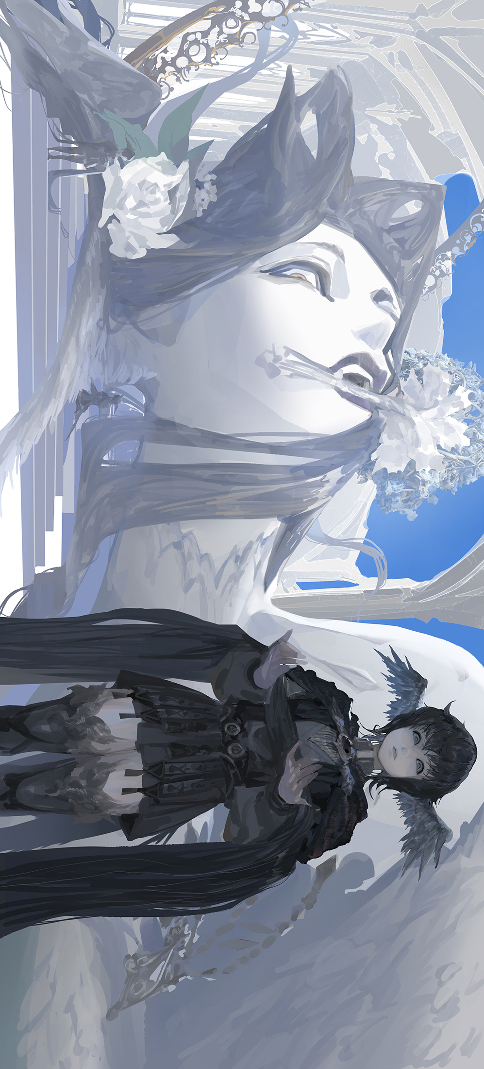 2girls altar arch bangs belt bird_girl bird_legs bird_tail bird_wings black_capelet black_hair black_lips blue_background blue_sky brooch capelet clear_sky collared_dress colored_skin dress feathered_wings feet_out_of_frame final_fantasy final_fantasy_xiv flower flower_in_mouth giant giantess grey_dress grey_eyes head_wings highres holding_another's_hair jewelry long_hair long_sleeves looking_at_viewer looking_down lying meteion monster_girl multiple_girls on_side open_mouth puffy_long_sleeves puffy_sleeves pydiyudie rose short_hair sideways size_difference sky spoilers stairs standing tail the_endsinger very_long_hair white_flower white_rose white_skin wide-eyed wings yellow_eyes