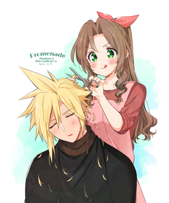 1boy 1girl :q aerith_gainsborough apron blonde_hair blush bow brown_hair closed_eyes cloud_strife cutting_hair dated final_fantasy final_fantasy_vii green_eyes hair_bow head_tilt krudears long_hair open_mouth pink_apron pink_bow ponytail red_shirt shiny shiny_hair shirt sleeves_rolled_up spiky_hair tongue tongue_out twitter_username very_long_hair watermark