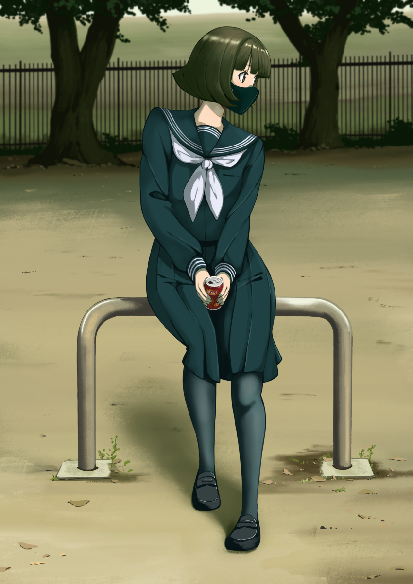 1girl bangs black_footwear black_mask black_pantyhose black_shirt black_skirt blunt_bangs bob_cut brown_hair can check_commentary commentary_request day fence full_body highres ixola long_sleeves looking_to_the_side mask neckerchief original outdoors pantyhose school_uniform serafuku shirt sitting skirt soda_can solo tree white_neckerchief