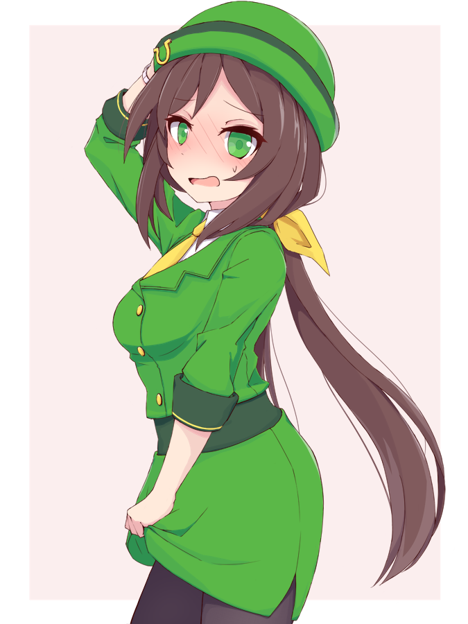 1girl arm_up bangs blush bowler_hat breasts brown_hair commentary green_eyes green_headwear green_jacket green_skirt hand_on_headwear hat hayakawa_tazuna jacket kokko_tofu long_hair long_sleeves looking_at_viewer low_twintails medium_breasts necktie nose_blush open_mouth skirt skirt_tug solo sweatdrop twintails umamusume yellow_necktie