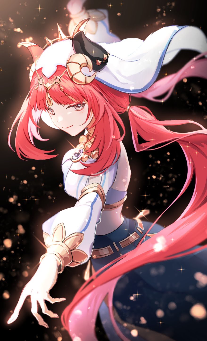 1girl areito bangs crop_top dutch_angle genshin_impact harem_outfit highres horns jewelry long_hair long_sleeves nilou_(genshin_impact) parted_bangs puffy_long_sleeves puffy_sleeves redhead smile solo veil yellow_eyes