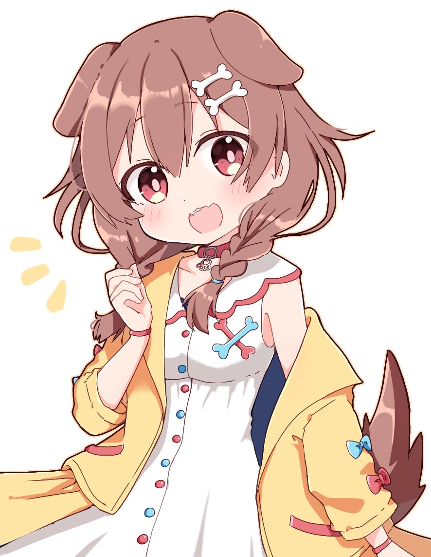 1girl :d animal_ears bangs blue_bow blush bone_hair_ornament bow braid brown_hair cartoon_bone collared_dress dog_ears dog_girl dog_tail dress hair_between_eyes hair_ornament hair_over_shoulder hand_up hololive inugami_korone jacket long_hair long_sleeves looking_at_viewer low_twintails notice_lines off_shoulder open_clothes open_jacket rabiiandrain red_bow red_eyes simple_background sleeveless sleeveless_dress smile solo tail twin_braids twintails virtual_youtuber white_background white_dress yellow_jacket
