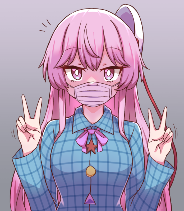 1girl aqua_shirt blue_shirt bow bowtie buttons collared_shirt expressionless hata_no_kokoro long_sleeves mask mask_on_head mouth_mask multicolored_buttons pink_eyes pink_hair plaid plaid_shirt purple_bow purple_bowtie shirt solo touhou v wool_(miwol)