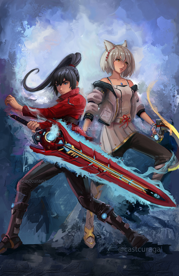 1boy 1girl animal_ears bangs black_hair blue_eyes breasts camisole cat_ears chest_jewel hair_tie jacket justin_paul leggings long_hair looking_at_viewer mio_(xenoblade) noah_(xenoblade) pantyhose pleated_skirt ponytail red_jacket shirt short_hair shoulder_strap skirt small_breasts sword tank_top weapon white_camisole white_hair white_jacket white_skirt white_tank_top xenoblade_chronicles_(series) xenoblade_chronicles_3 yellow_eyes