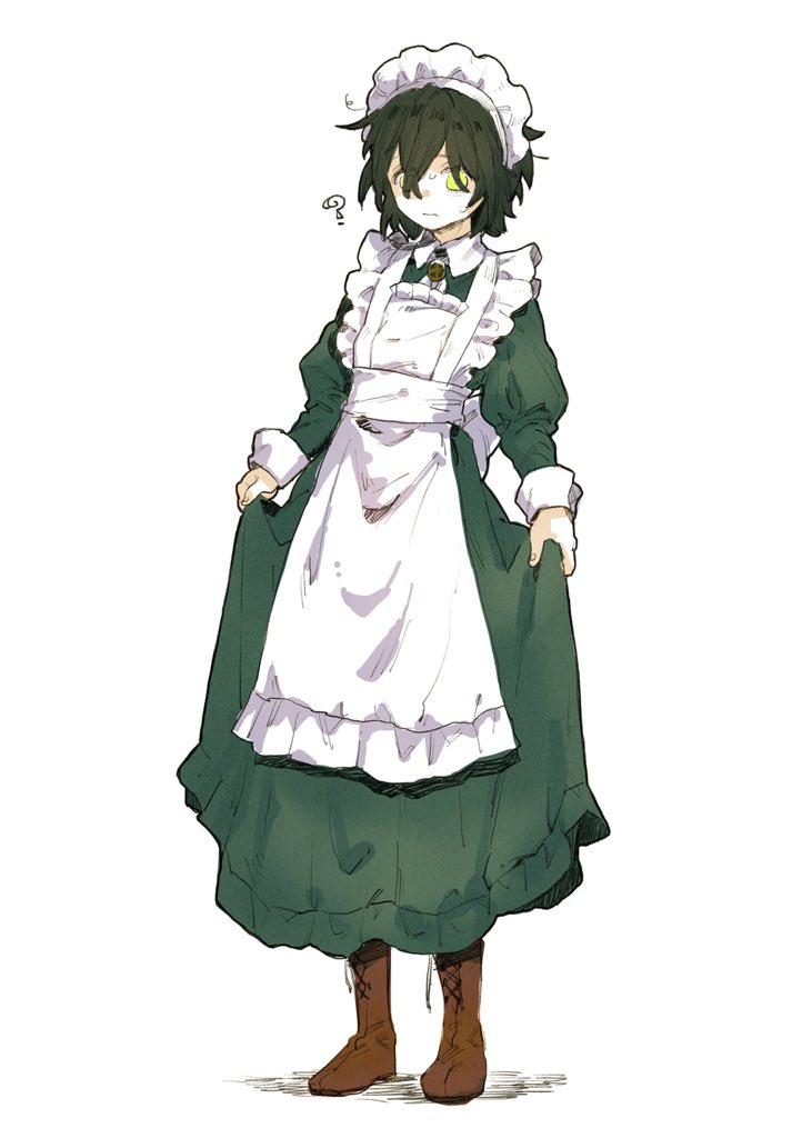 1girl ? apron boots brooch character_request closed_mouth commentary_request copyright_request cross-laced_footwear dress frilled_apron frills full_body green_dress hatching_(texture) herayoshi jewelry juliet_sleeves lace-up_boots long_dress long_sleeves looking_at_viewer maid maid_headdress one_eye_covered puffy_sleeves short_hair simple_background skirt_hold solo standing white_apron white_background yellow_eyes